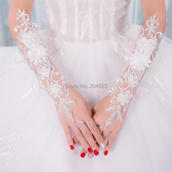

bridal gloves vintage wedding party fingerless lace with flowers, White