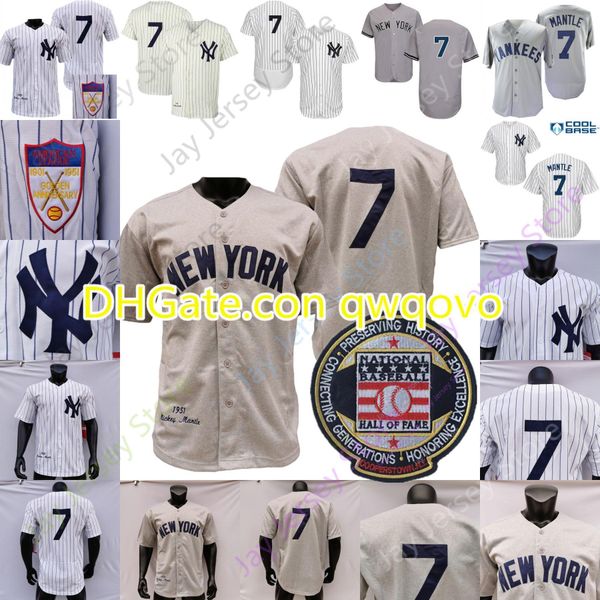 

mantle jersey 1951 vintage baseball hall of fame patch cream pinstripe white grey all stitched home away, Blue;black