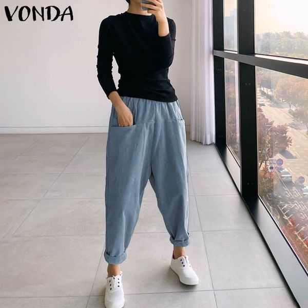

women's pants & capris vonda 2021 casual women elastic high waist solid drop crotch harem plus size fashion long trousers loose bottoms, Black;white
