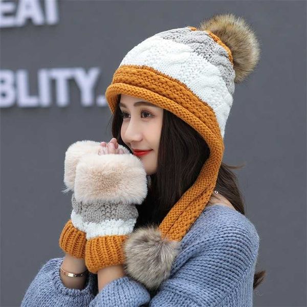 

hat winter women's mask hat for girls scarf thick warm fleece inside knitted hat scarf set 2pcs winter riding fashion hats 201215, Blue;gray