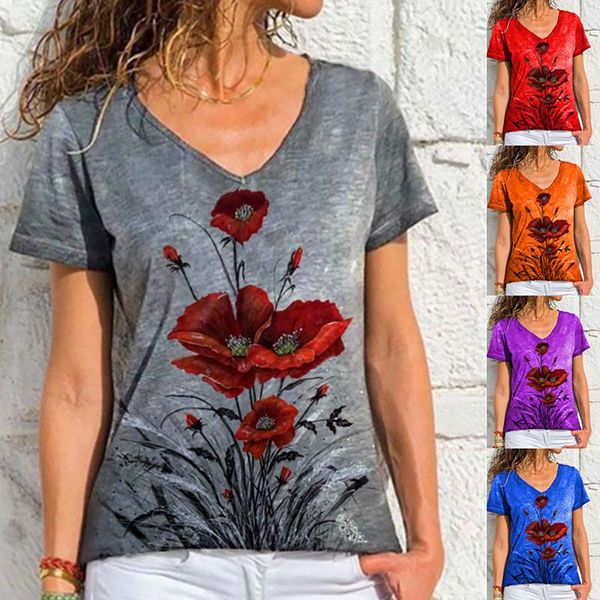 

women's t-shirt red flower print women loose plus size v-neck summer short sleeve tee shirt 2021 tshirt camisetas de mujer, White