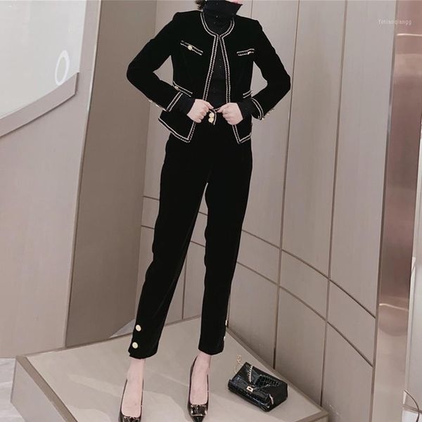 

women's tracksuits autumn fashion long-sleeved jacket casual trousers vintage elegant chic stitching black velvet sets, Gray