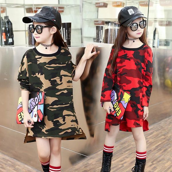 

girl's dresses kids camouflage for girls 4-14 years young girl long sleeve casual sport party dress children's cotton tracksuits, Red;yellow