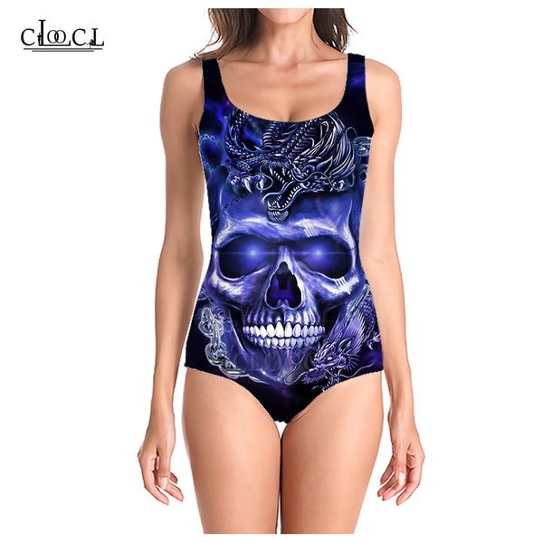 

cloocl 2021 new summer popular skull style 3d print women sleeveless swimsuit casual fashion swimsuits beach one piece swimwear, White;black