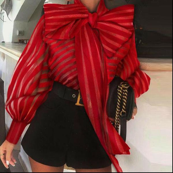 

high street women organza blouse new big bow striped loose shirts puff sleeve retro chic blouses clothes elegant female shirt, White
