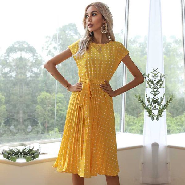 

casual dresses 2021 decent summer dress polka dots short sleeve pleated maxi long party clothing women midi elegant office lady evening, Black;gray