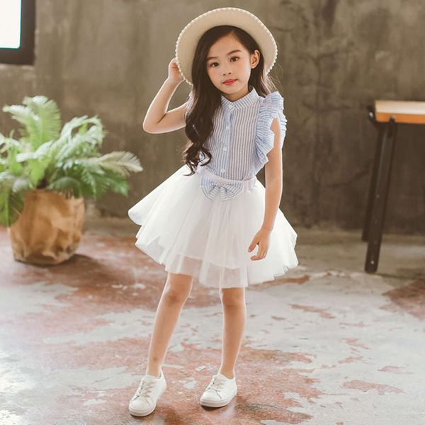 

korean summer new 2021 girls' version striped + mesh skirt 2-piece children's wear, White