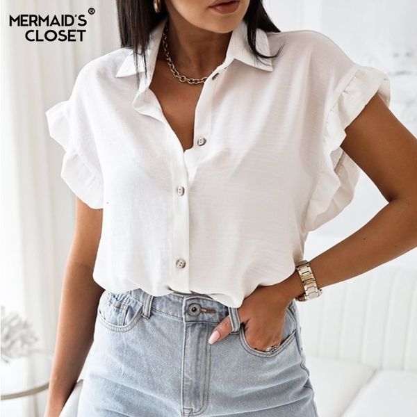 

women's blouses & shirts summer butterfly sleeve white women single breasted casual loose work blouse 2021 ladies office chic