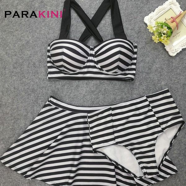 

parakini women tankini plus size skirt swimdress 3 piece striped swimwear push up swimsuit female halter bathing suit beachwear