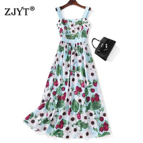 

summer designer fashion runway women's beading floral print long spaghetti strap dress square neck holiday beach party vestidos 210601, Black;gray