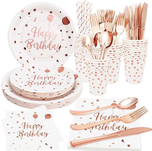 

disposable dinnerware rose gold theme happy birthday tableware sweet party decoration balloon cup plate flag baby shower