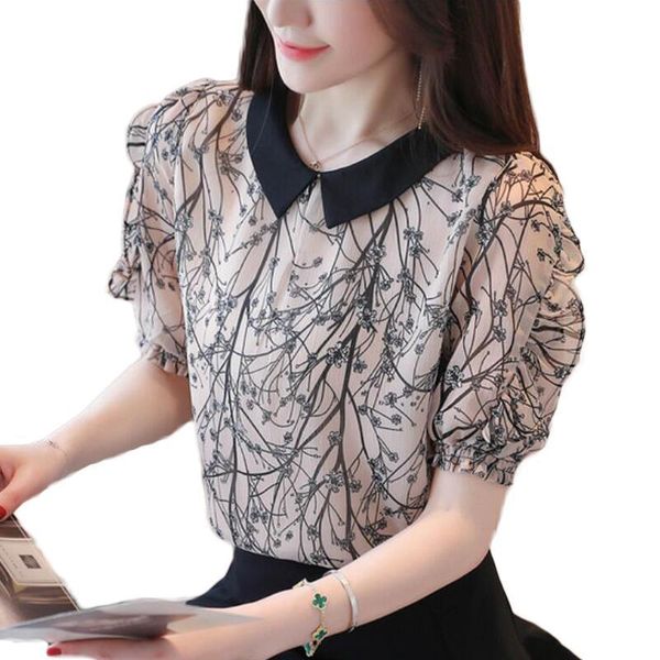 

vogue print chiffon blouse women shirts summer short sleeve loose women blouses korean plus size office camisas mujer, White