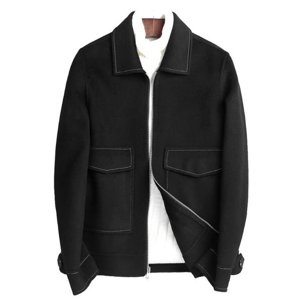 

men's wool & blends jacket men autumn male slim double faced woolen overcoat real sheep cashmere casual coat, Black