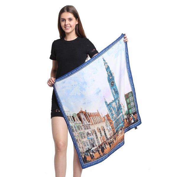 

scarves [square scarf]100% silk satin scarf 85x85cm pure fabric women high fashion trends printed pattern, Blue;gray