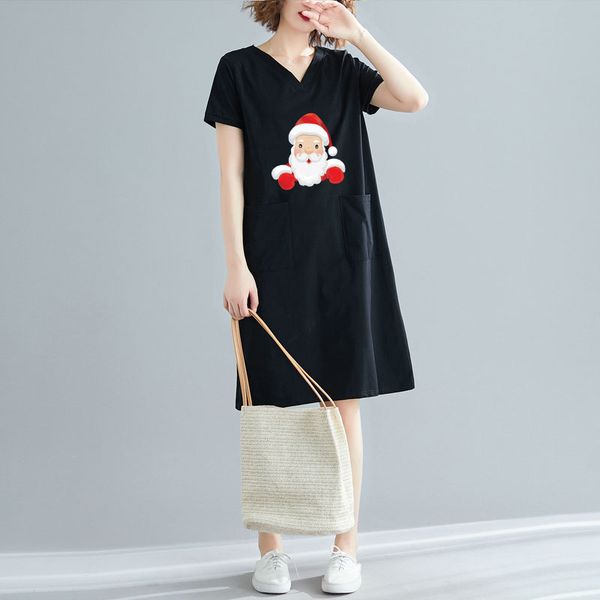 

loose midi dress women casual christmas santa claus diy print korean fashion 3xl slim tshirt v-neck black straight vestido streetwear y2k, Black;gray