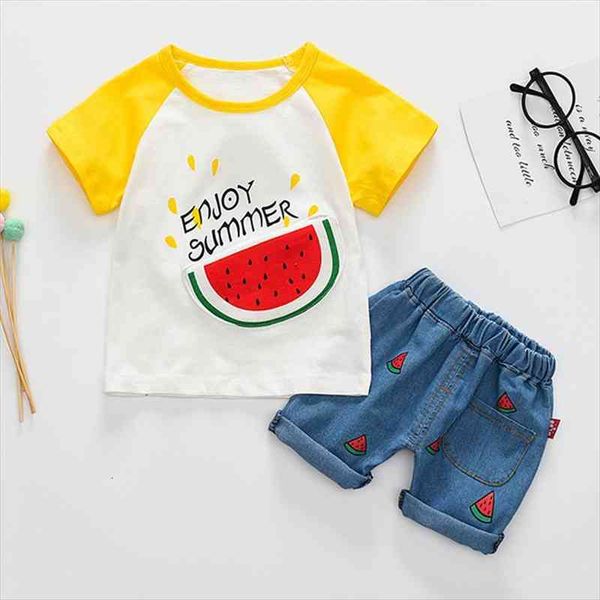 

kids summer clothing sets baby boys girls cartoon watermelon car short sleeves denim shorts suits clothes child t shirt outfit, White