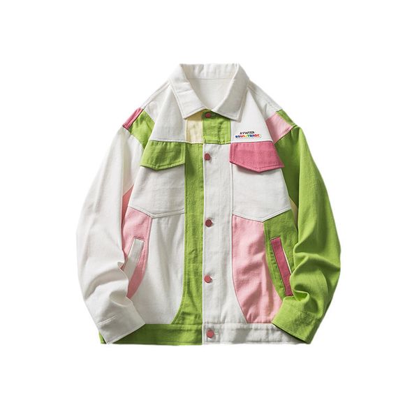 

ebaihui men's leisure jacket pink green matching contrast color ruffian handsome jackets for men letter pocket coats, Black;brown