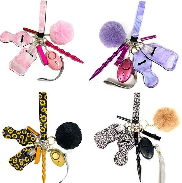 

23 colors 9 pcs defense keychain set alarm hand sanitizer wrist strap lipstick keychains stick bottle opener for woman men self-defense keyr, Silver