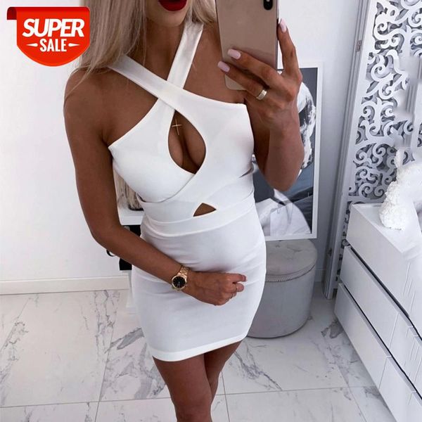 

mini dress women 2020 summer halter v neck cross hollow out package hip slim pencil dress female party club bodycon dresses #v88t, White;black