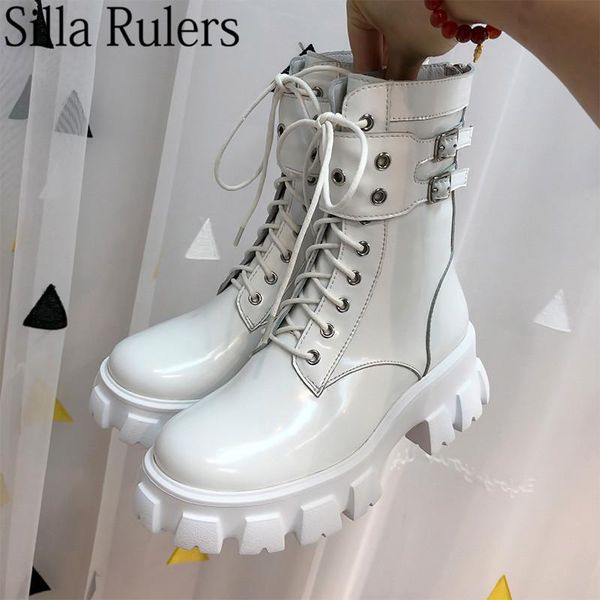 

boots 2021 shiny real leather thick sole riding women belt buckle round toe flat lace up short woman ankle mujer, Black