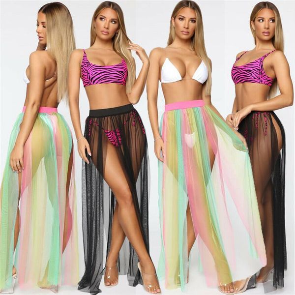 

skirts summer women mesh high waist see through sheer side split skirt solid transparent chiffon maxi long beachwear, Black