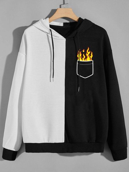 

romwe guys fire graphic colorblock drawstring hoodie d1gu#, Black