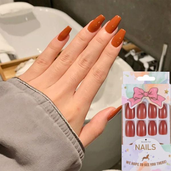 

false nails 24pcs/box detachable coffin artificial full cover ballerina wearable nail tips fake, Red;gold