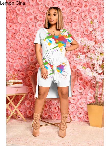 

women's tracksuits lemon gina fashion splash print long shorts two piece set, Gray
