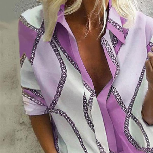 

monerffi leisure blouse women chain printed work office blouse autumn shirt women stylish long sleeve v neck casual blouses, White
