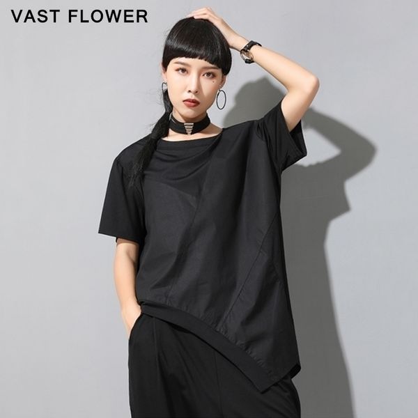 

women black asymmetrical plus size t-shirt short sleeve patchwork 2021 summer new loose casual tee clothes fashion tide 210315, White