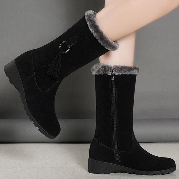 

boots short plush keep warm booties women fashion round toe side zipper knight winter low-heeled shoes zapatillas mujer, Black