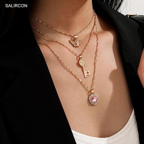 

pendant necklaces salircon crystal heart bird angel necklace for women jewelry vintage multi layer gold color key pendants chains, Silver
