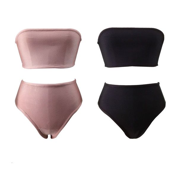 

female style pink strapless solid black bandage defines beach wear s2vy