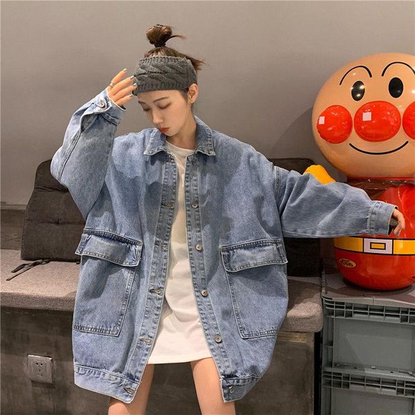 

korean solid jeans bomber jacket for women coats female outwear denim long coat harajuku plus size streetwear gothic women's jackets, Black;brown
