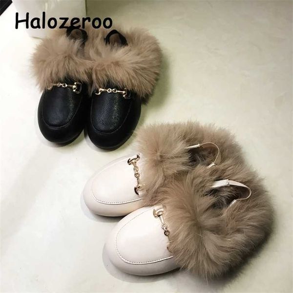 

winter kids fur shoes baby girls princess slides children fashion slippers toddler dress flats warm outdoor slip on 211215, Black