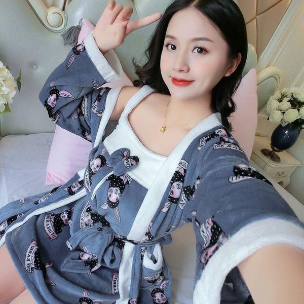 

women flannel robe winter warm kimono bathrobe gown thicken sleepwear long nightdress oversize coral fleece intimate lingerie, Black;red