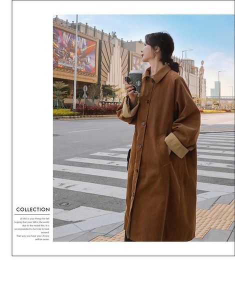 

women's trench coats autumn 2021 korean loose medium length corduroy coat retro single breasted big swing windbreaker trend, Tan;black