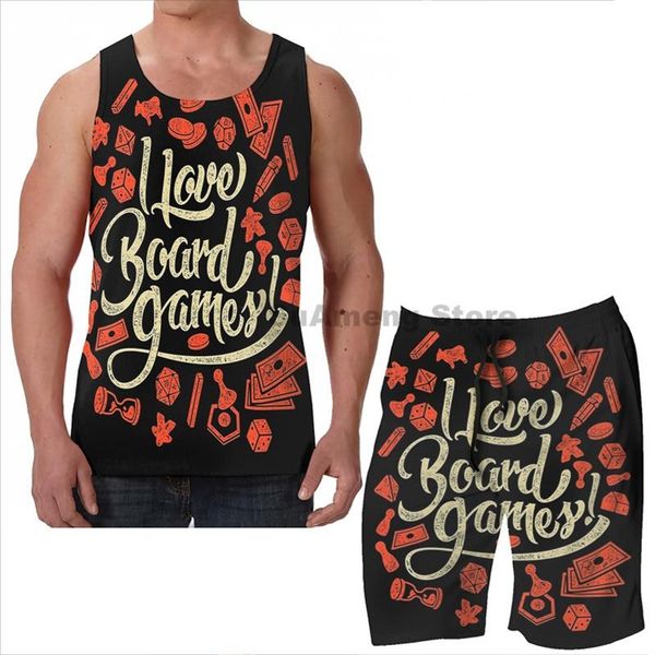 

men's tracksuits summer funny print men tank women i love board games beach shorts sets fitness vest, Gray