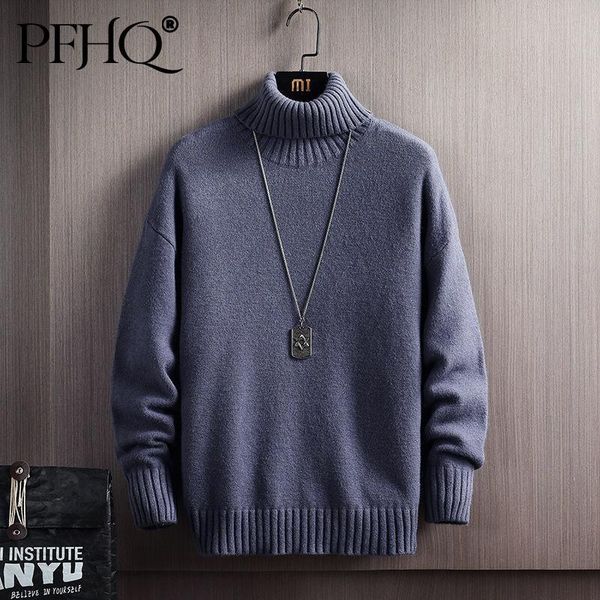 

men's sweaters pfhq men turtleneck sweater 2021 winter loose vintage warm pullovers solid simple style long sleeve casual knitwear 21d2, White;black