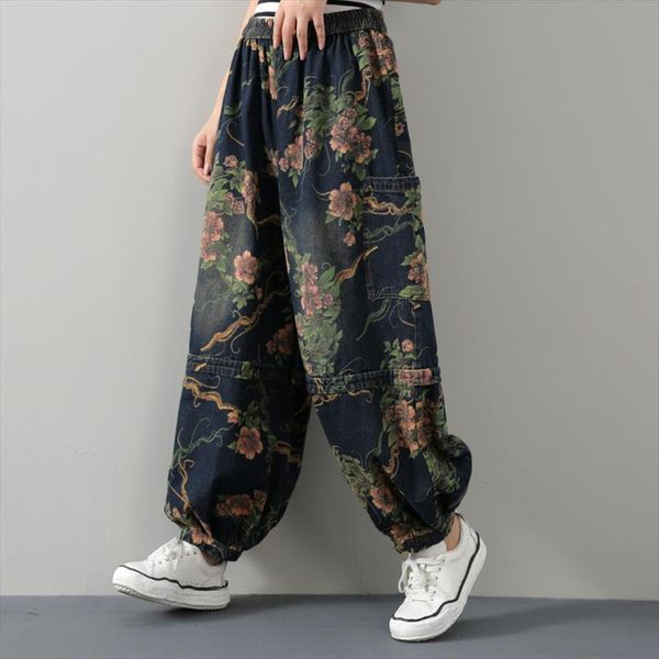 

winter baggy elastic vintage flower womens jean print high waist loose big pocket harem denim trouser punk streetwear pants, Blue