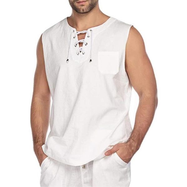 

men' tank vest t-shirt casual summer solid color sleeveless v neck bandage pocket shirt men clothing, White;black
