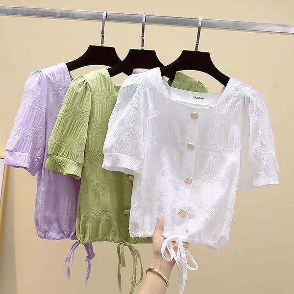 

women's blouses & shirts summer short sleeve chiffon fashion loose solid color blouse ladies casual square collar x212, White