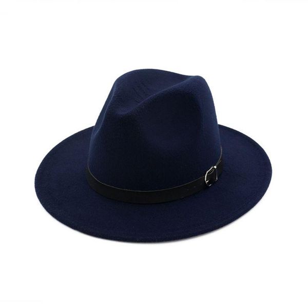 

stingy brim hats 066c women mens classic vintage woolen felt shallow fedoras hat wide solid color european jazz with belt buckle formal, Blue;gray
