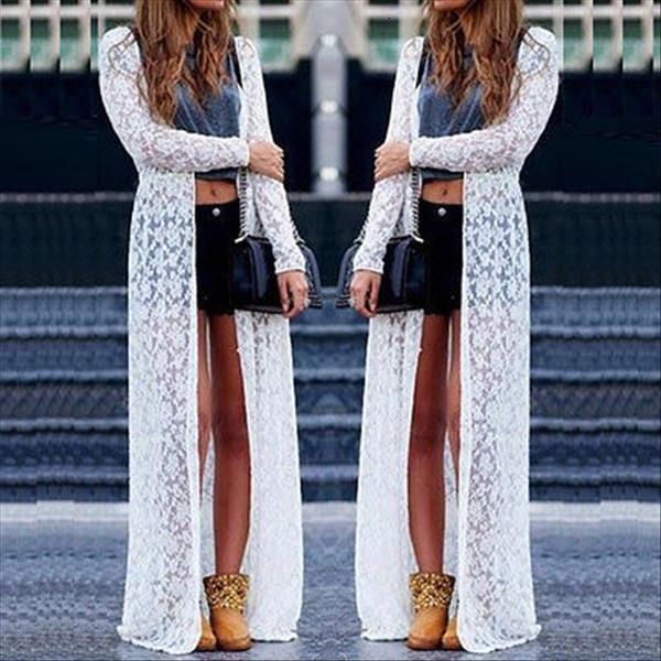 

women ladies summer long sleeve beach lace cardigan blouse long cap sleeve drop shipping good quality, White