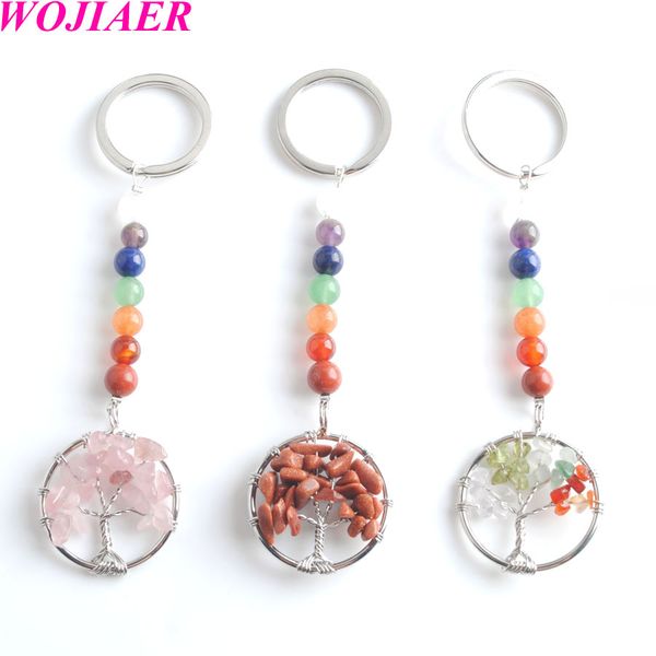 

wojiaer natural stone 7 chakra keychain key energy yoga reiki tree of life pendant holder for women accessories jewelry gifts bw905, Slivery;golden