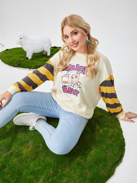 

plus cartoon sheep graphic drop shoulder sweatshirt s8m4#, Black