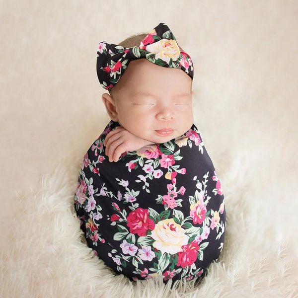 

2 pcs newborn baby receiving blanket bowknot headband set infant print swaddle b2qd