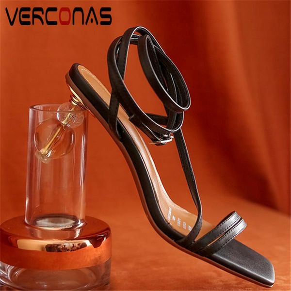 

dress shoes verconas 2021 fashion woman sandals pumps genuine leather summer square toe strange heeled, Black