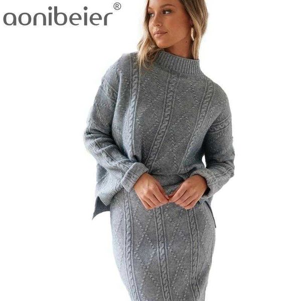 

autumn elegant fashion 2 pieces set female gray sweater two piece women long skirt turtleneck kintted clothing 210604, White