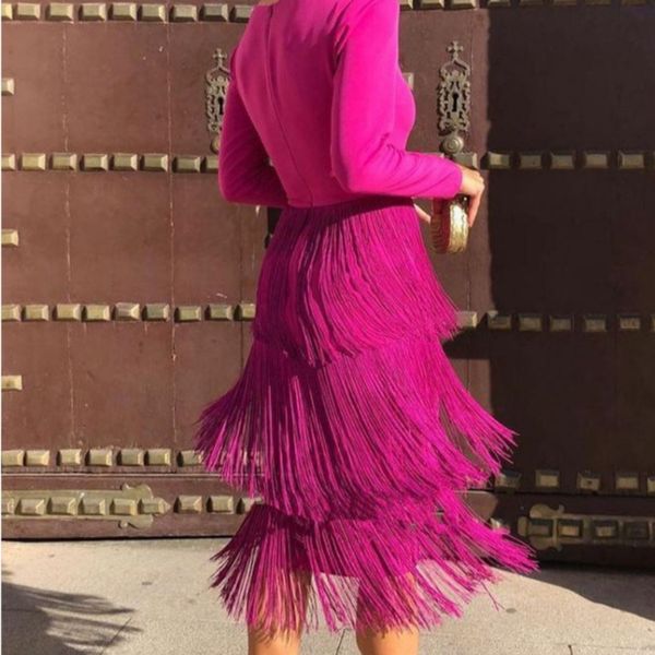 

v neck long sleeve lace tassel rose red bodycon formal evening dress 2021 women club party dresses robe soire femme, Black;red